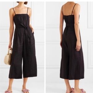 J.CREW Pleated Cropped Wide Leg Tie-Waist Linen Romper/Jumpsuit Black Size 00